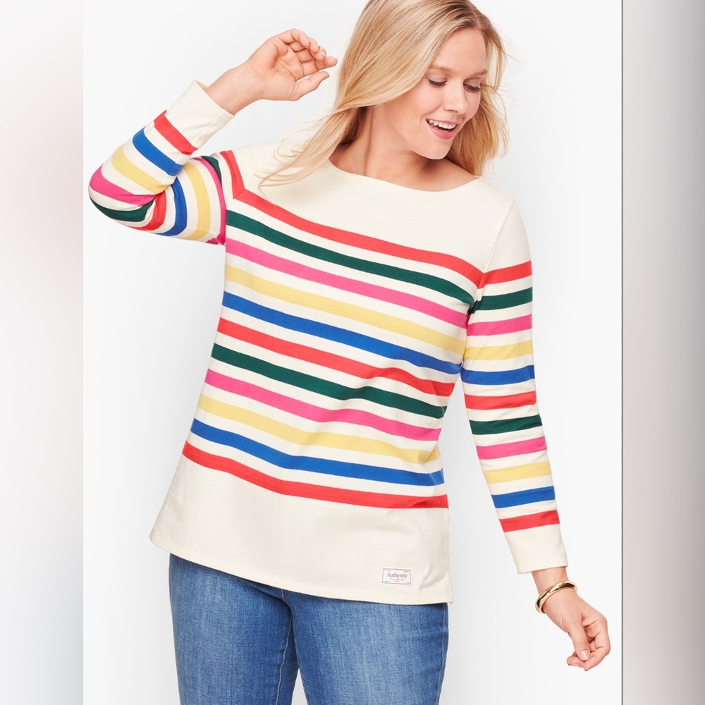 NWT Talbots Authentic Candy Cane Striped Ivory Cree Neck Long Sleeve Tee Size L